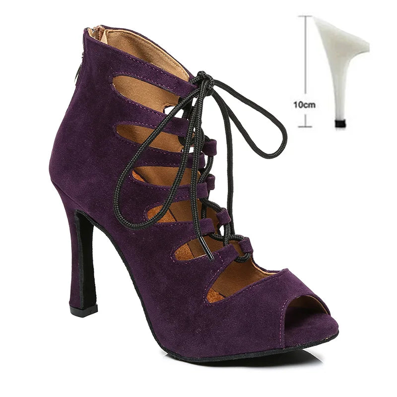 DKZSYIM Women Lace-UP Latin Dance Shoes High Heels Ballroom Tango Dancing Boots Open Toes Soft Soles Party/Casual Dance Shoes