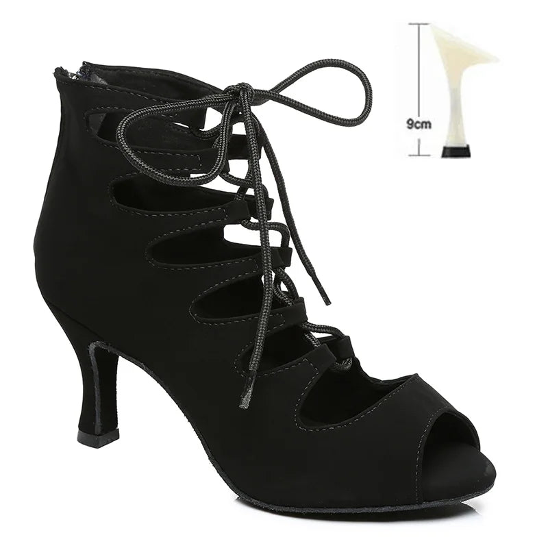 DKZSYIM Women Lace-UP Latin Dance Shoes High Heels Ballroom Tango Dancing Boots Open Toes Soft Soles Party/Casual Dance Shoes