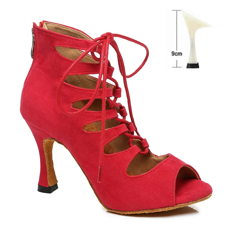 DKZSYIM Women Lace-UP Latin Dance Shoes High Heels Ballroom Tango Dancing Boots Open Toes Soft Soles Party/Casual Dance Shoes