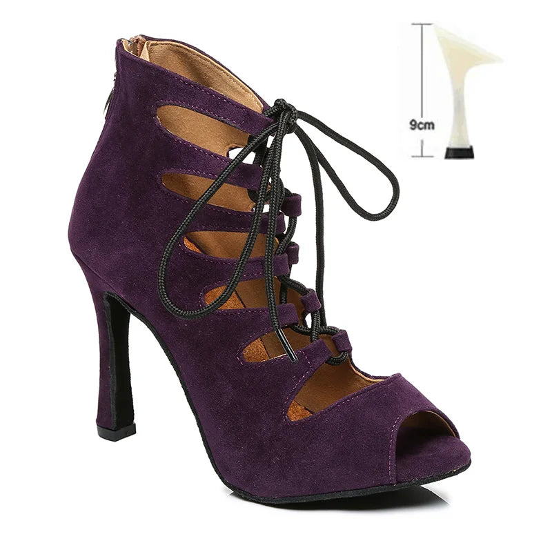 DKZSYIM Women Lace-UP Latin Dance Shoes High Heels Ballroom Tango Dancing Boots Open Toes Soft Soles Party/Casual Dance Shoes