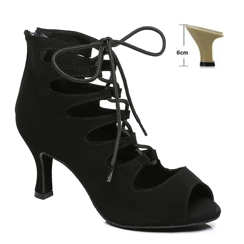 DKZSYIM Women Lace-UP Latin Dance Shoes High Heels Ballroom Tango Dancing Boots Open Toes Soft Soles Party/Casual Dance Shoes