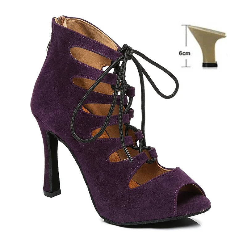 DKZSYIM Women Lace-UP Latin Dance Shoes High Heels Ballroom Tango Dancing Boots Open Toes Soft Soles Party/Casual Dance Shoes