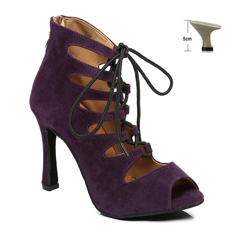 DKZSYIM Women Lace-UP Latin Dance Shoes High Heels Ballroom Tango Dancing Boots Open Toes Soft Soles Party/Casual Dance Shoes