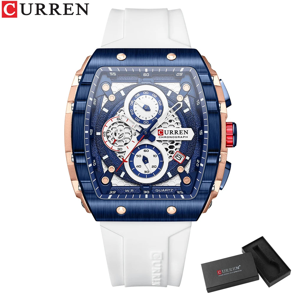 CURREN Tonneau Dial Sport Watch for Men Fashion Waterproof Quartz Wristwatch with Auto Date Yellow Silicone Strap Luminous