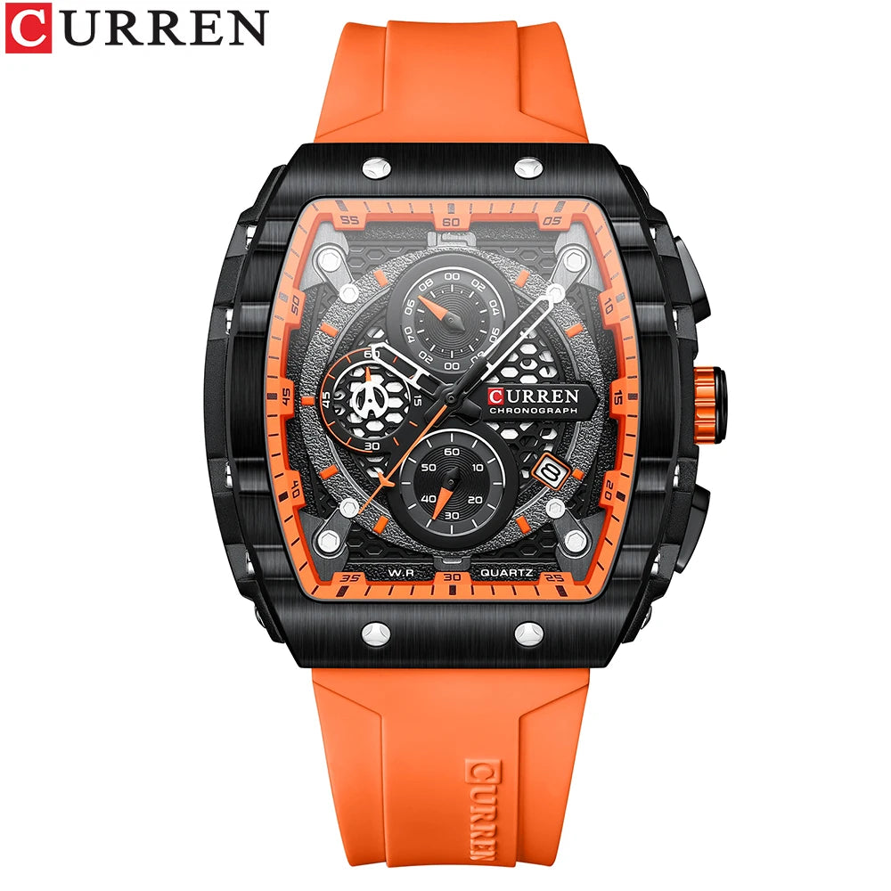 CURREN Tonneau Dial Sport Watch for Men Fashion Waterproof Quartz Wristwatch with Auto Date Yellow Silicone Strap Luminous
