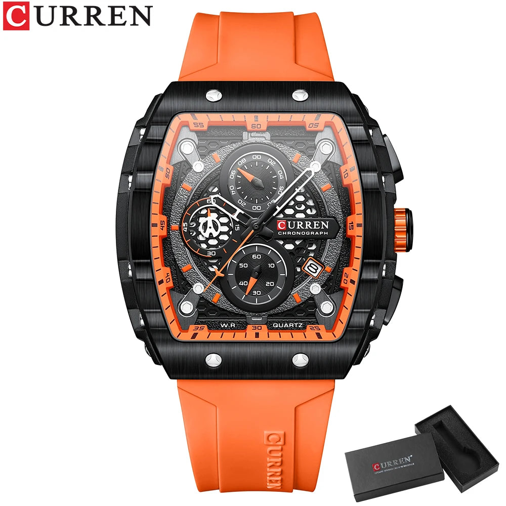 CURREN Tonneau Dial Sport Watch for Men Fashion Waterproof Quartz Wristwatch with Auto Date Yellow Silicone Strap Luminous