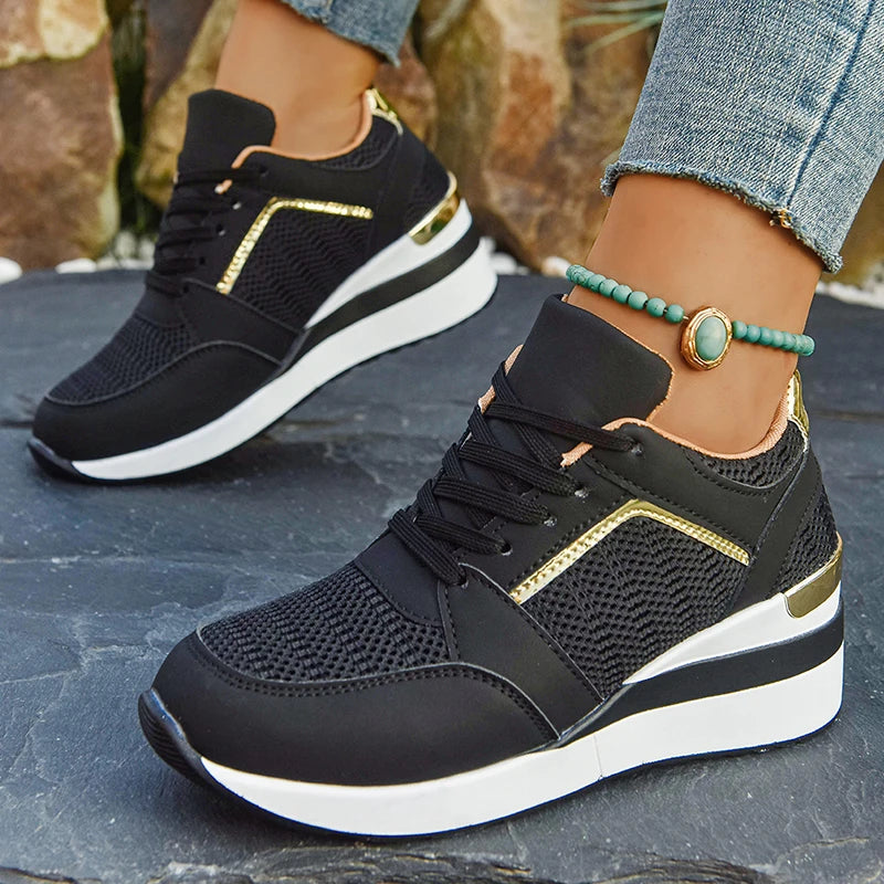2026 Spring Gold Silver Mesh Wedge Sneakers Women Lightweight Platform Heels Casual Shoes Woman Plus Size 36-43 Lace Up Sneakers