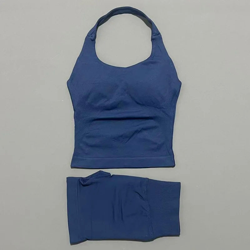 2 Pieces Sports Halter Top Strappy Bra Shorts Set Women Seamless Yoga Gym Leggings Set Running Fitness Sports Shorts Suit