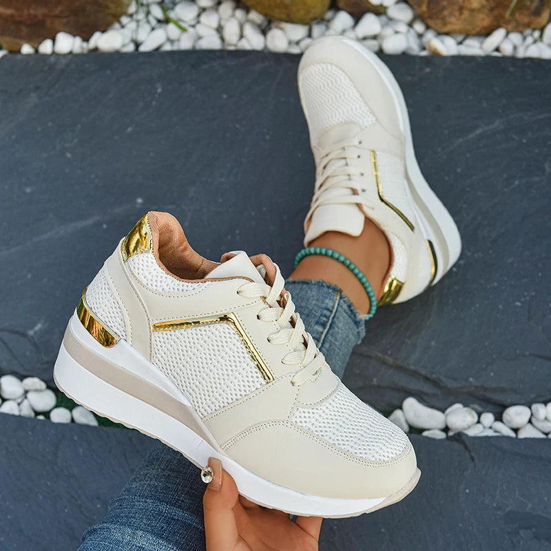 2026 Spring Gold Silver Mesh Wedge Sneakers Women Lightweight Platform Heels Casual Shoes Woman Plus Size 36-43 Lace Up Sneakers