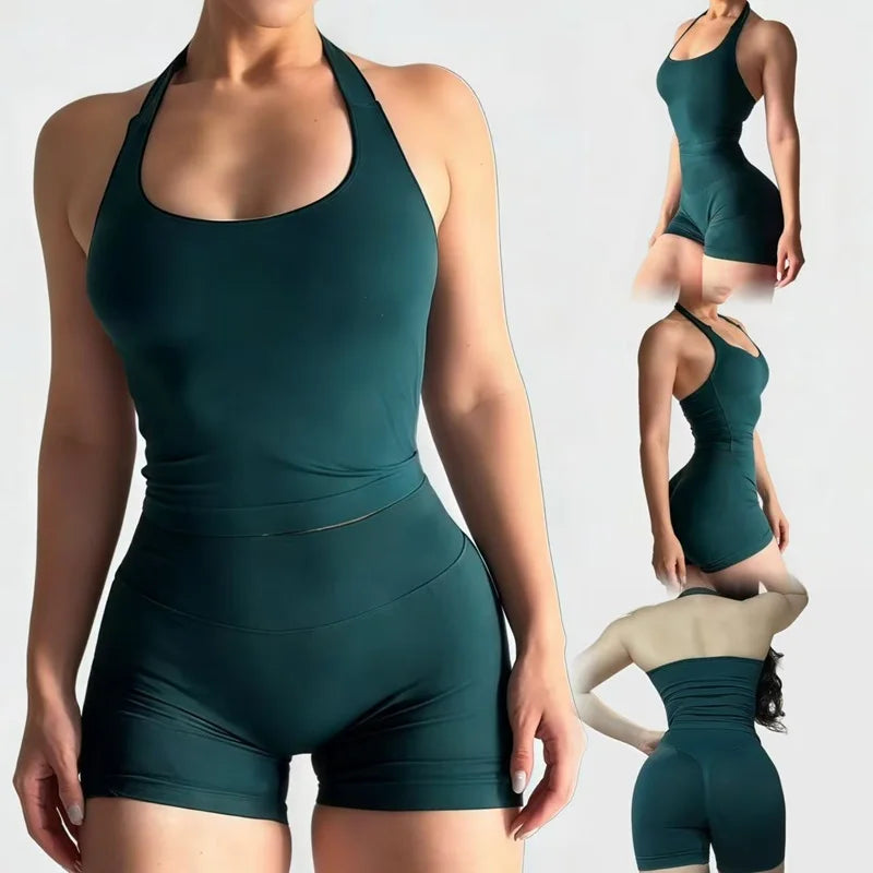 2 Pieces Sports Halter Top Strappy Bra Shorts Set Women Seamless Yoga Gym Leggings Set Running Fitness Sports Shorts Suit