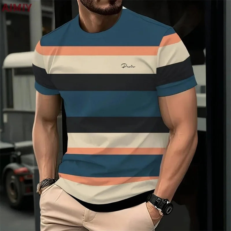Men's Striped Printed T-shirt Summer Outdoor Casual Round Neck Short Sleeve Tshirts New In Men's Fashion Tee Shirt Clothes