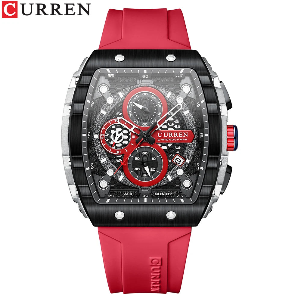 CURREN Tonneau Dial Sport Watch for Men Fashion Waterproof Quartz Wristwatch with Auto Date Yellow Silicone Strap Luminous