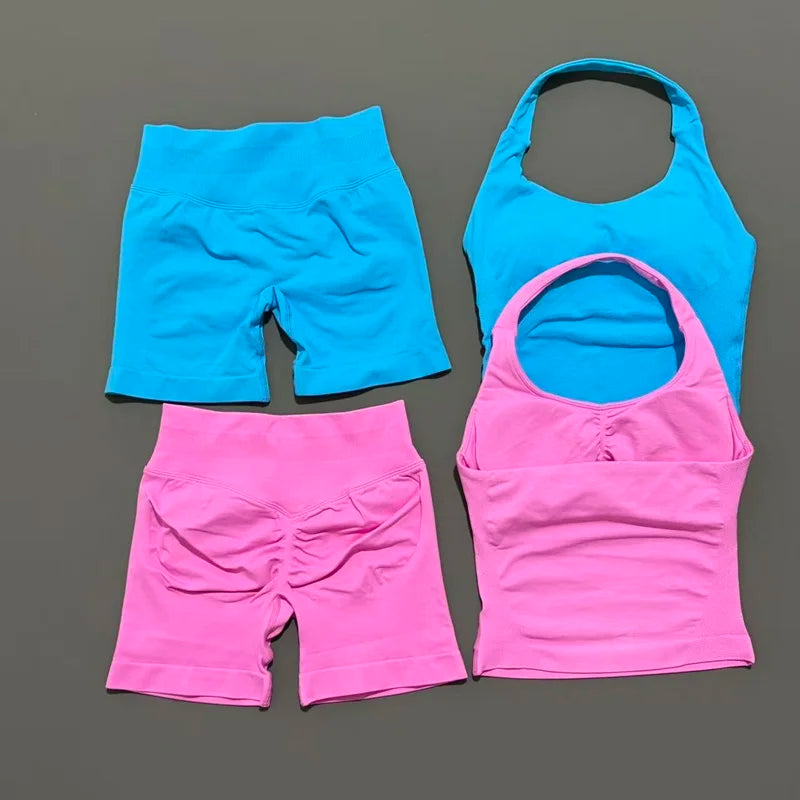 2 Pieces Sports Halter Top Strappy Bra Shorts Set Women Seamless Yoga Gym Leggings Set Running Fitness Sports Shorts Suit
