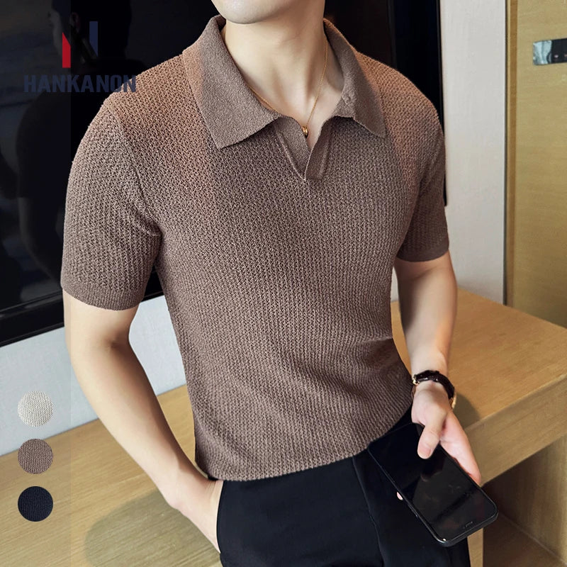 Hollow Knitted Short-Sleeved T-shirt, V-neck Brown Polo Shirt, High-End Quality, Cool, Luxury Genuine Goods，Slim Top