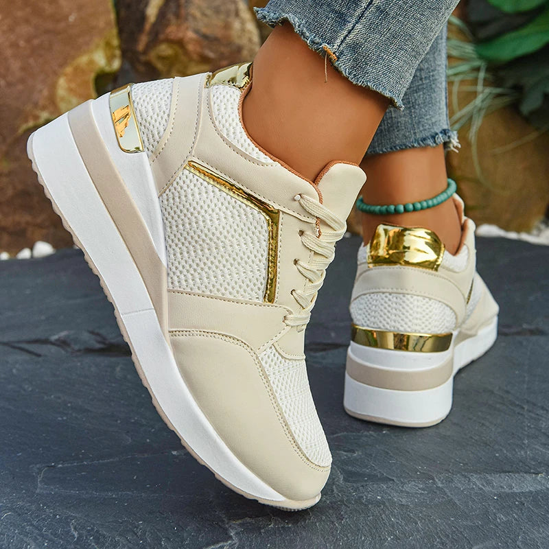 2026 Spring Gold Silver Mesh Wedge Sneakers Women Lightweight Platform Heels Casual Shoes Woman Plus Size 36-43 Lace Up Sneakers