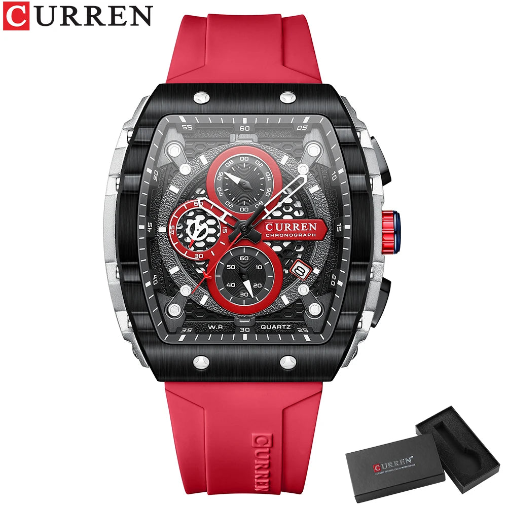 CURREN Tonneau Dial Sport Watch for Men Fashion Waterproof Quartz Wristwatch with Auto Date Yellow Silicone Strap Luminous