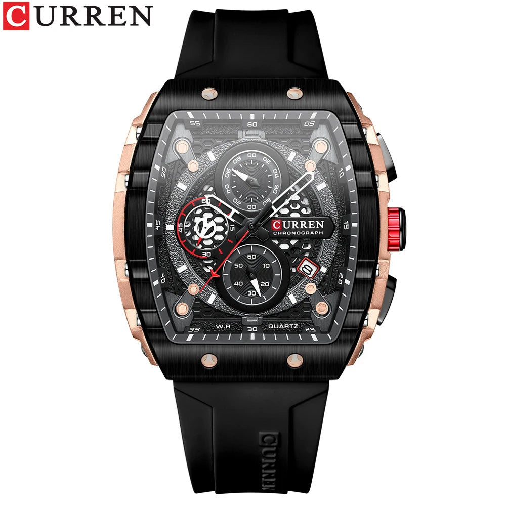 CURREN Tonneau Dial Sport Watch for Men Fashion Waterproof Quartz Wristwatch with Auto Date Yellow Silicone Strap Luminous