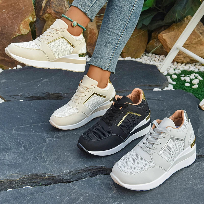 2026 Spring Gold Silver Mesh Wedge Sneakers Women Lightweight Platform Heels Casual Shoes Woman Plus Size 36-43 Lace Up Sneakers
