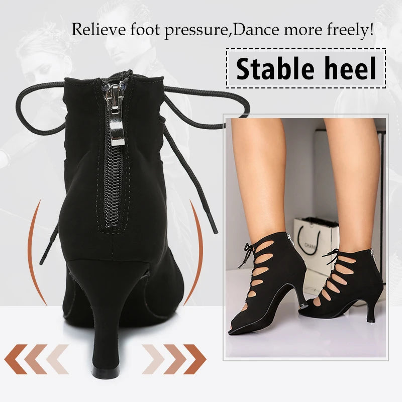 DKZSYIM Women Lace-UP Latin Dance Shoes High Heels Ballroom Tango Dancing Boots Open Toes Soft Soles Party/Casual Dance Shoes