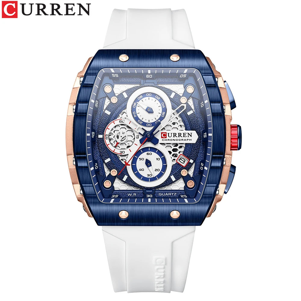 CURREN Tonneau Dial Sport Watch for Men Fashion Waterproof Quartz Wristwatch with Auto Date Yellow Silicone Strap Luminous