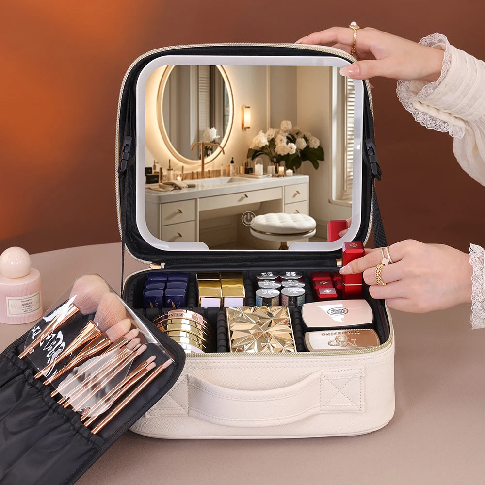 Travel Makeup Bag with USB LED Mirror Large Train Case Cosmetic Organizer Bags with 3 Color Lights and Adjustable Dividers