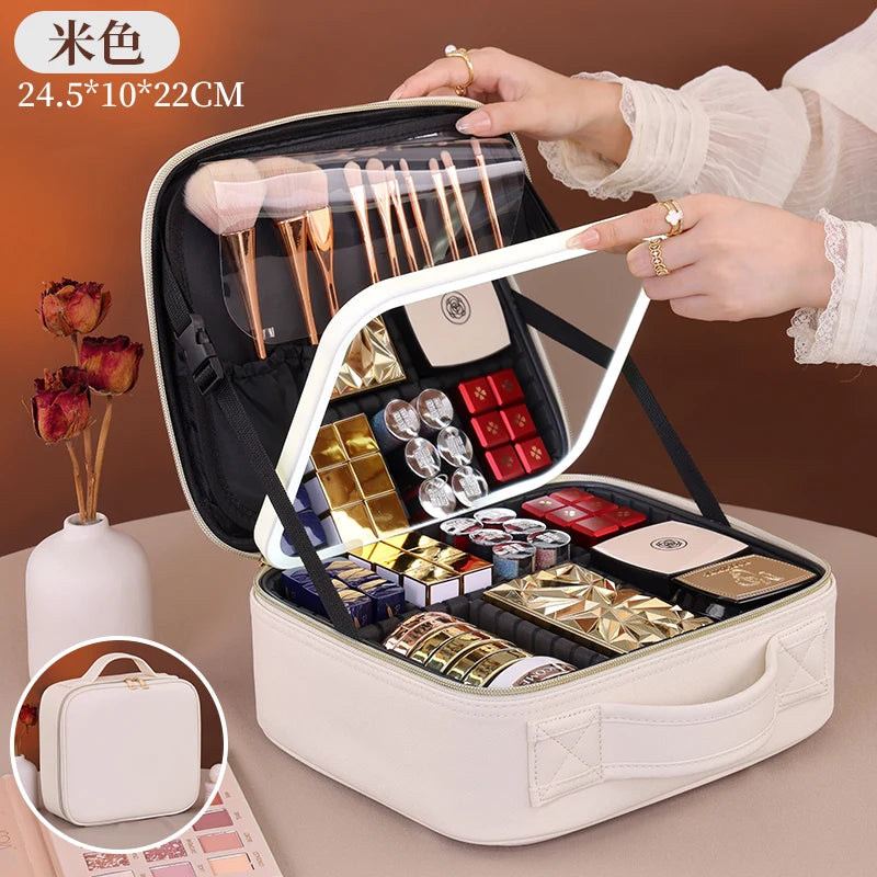 Travel Makeup Bag with USB LED Mirror Large Train Case Cosmetic Organizer Bags with 3 Color Lights and Adjustable Dividers