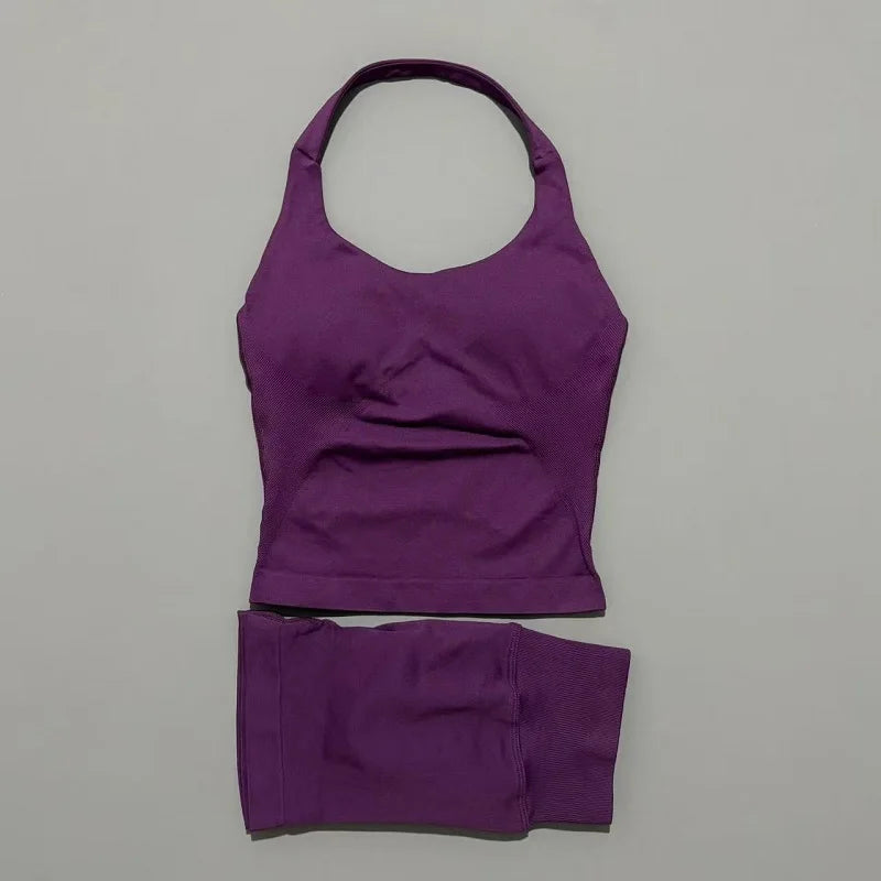 2 Pieces Sports Halter Top Strappy Bra Shorts Set Women Seamless Yoga Gym Leggings Set Running Fitness Sports Shorts Suit