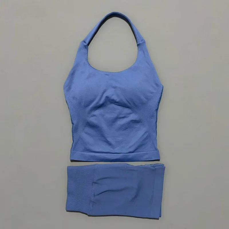 2 Pieces Sports Halter Top Strappy Bra Shorts Set Women Seamless Yoga Gym Leggings Set Running Fitness Sports Shorts Suit