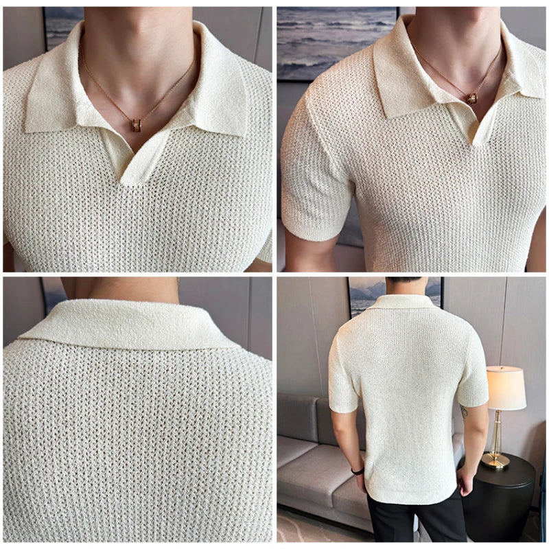 Hollow Knitted Short-Sleeved T-shirt, V-neck Brown Polo Shirt, High-End Quality, Cool, Luxury Genuine Goods，Slim Top