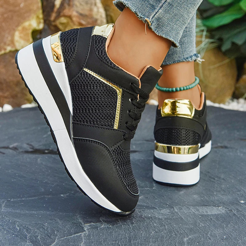 2026 Spring Gold Silver Mesh Wedge Sneakers Women Lightweight Platform Heels Casual Shoes Woman Plus Size 36-43 Lace Up Sneakers