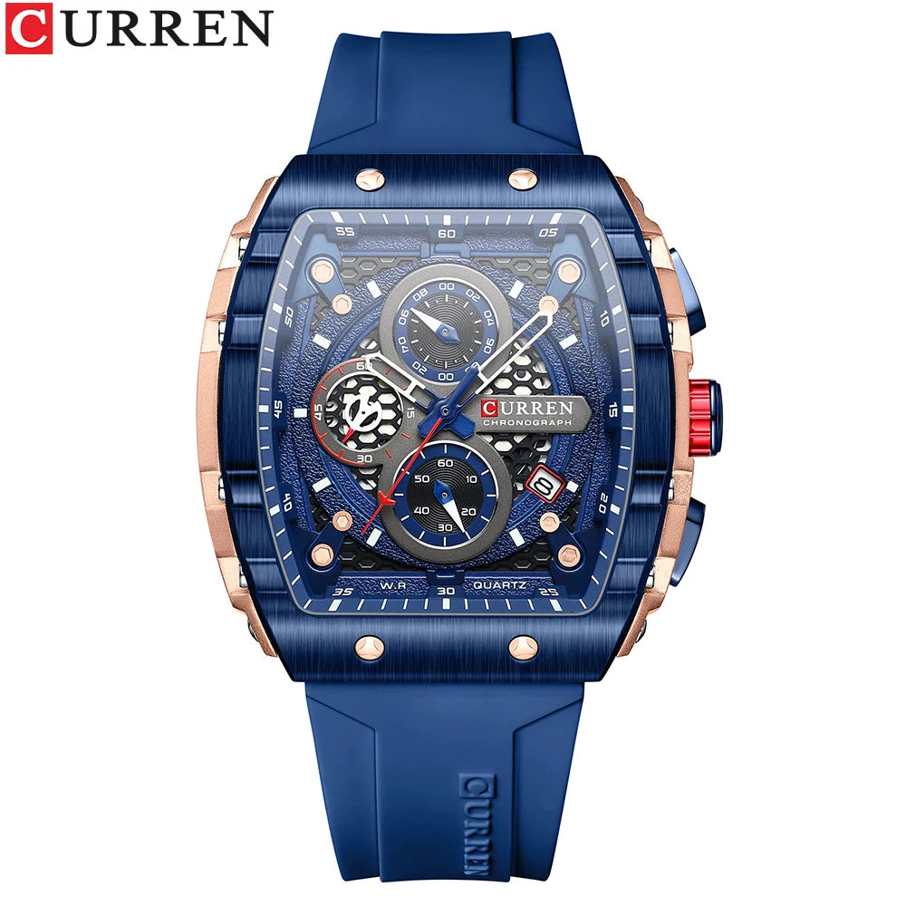 CURREN Tonneau Dial Sport Watch for Men Fashion Waterproof Quartz Wristwatch with Auto Date Yellow Silicone Strap Luminous