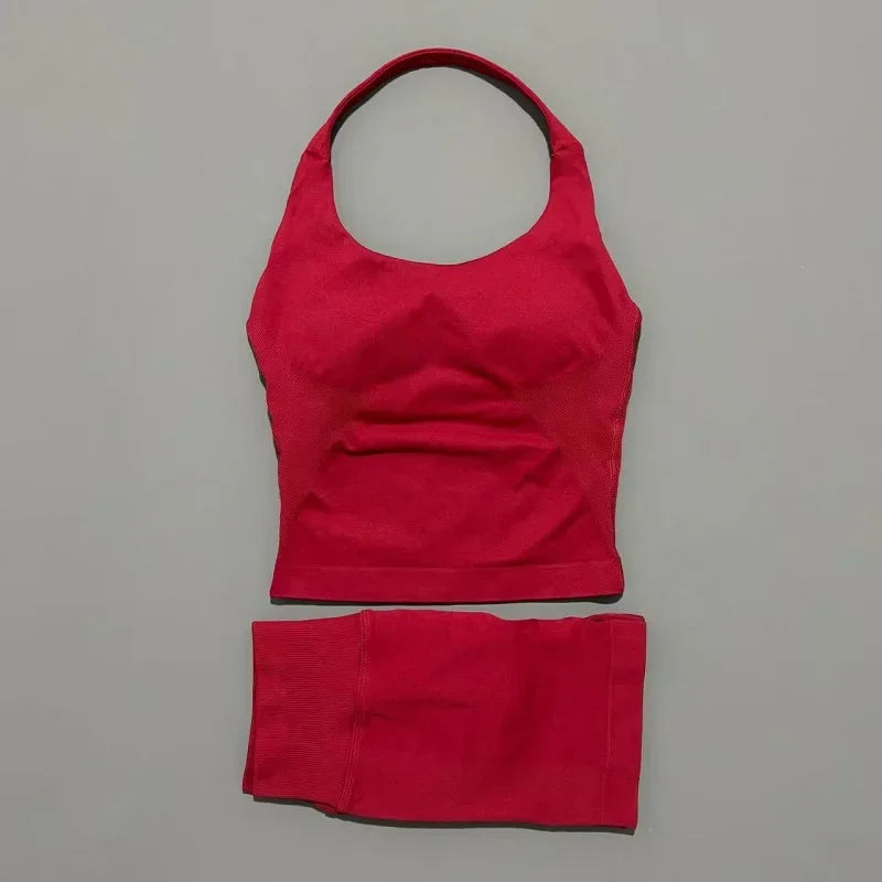 2 Pieces Sports Halter Top Strappy Bra Shorts Set Women Seamless Yoga Gym Leggings Set Running Fitness Sports Shorts Suit