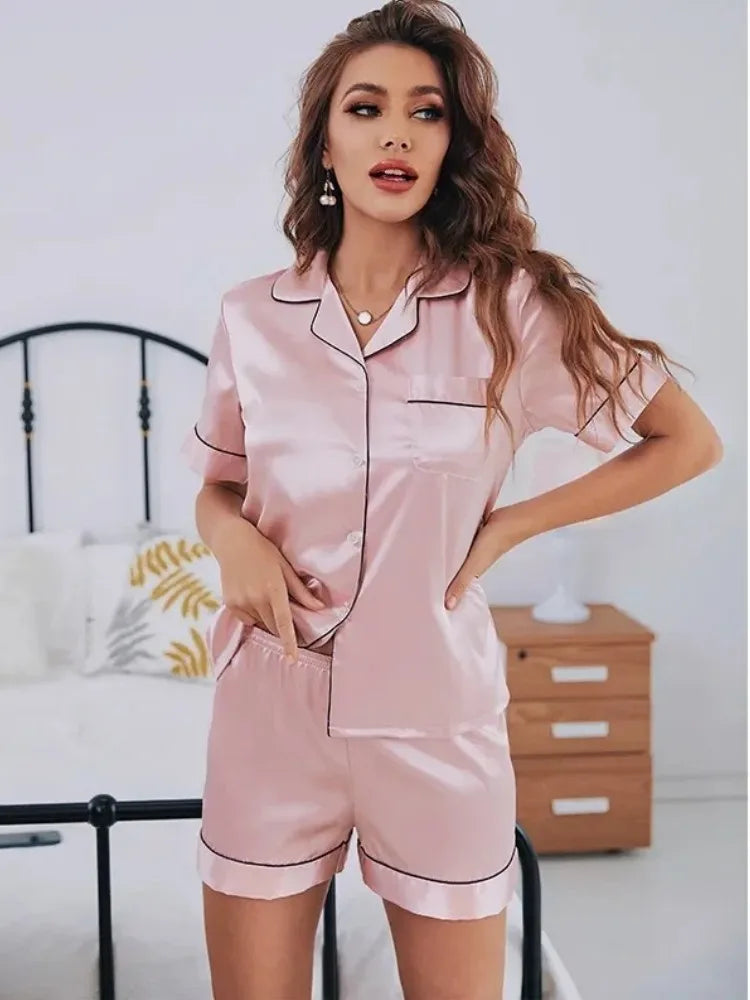 Summer Silk Satin Pajamas Set Women Sleepwear Button-Down Short Sleeve Tops and Shorts Two-piece Pijama Sets Loungewear