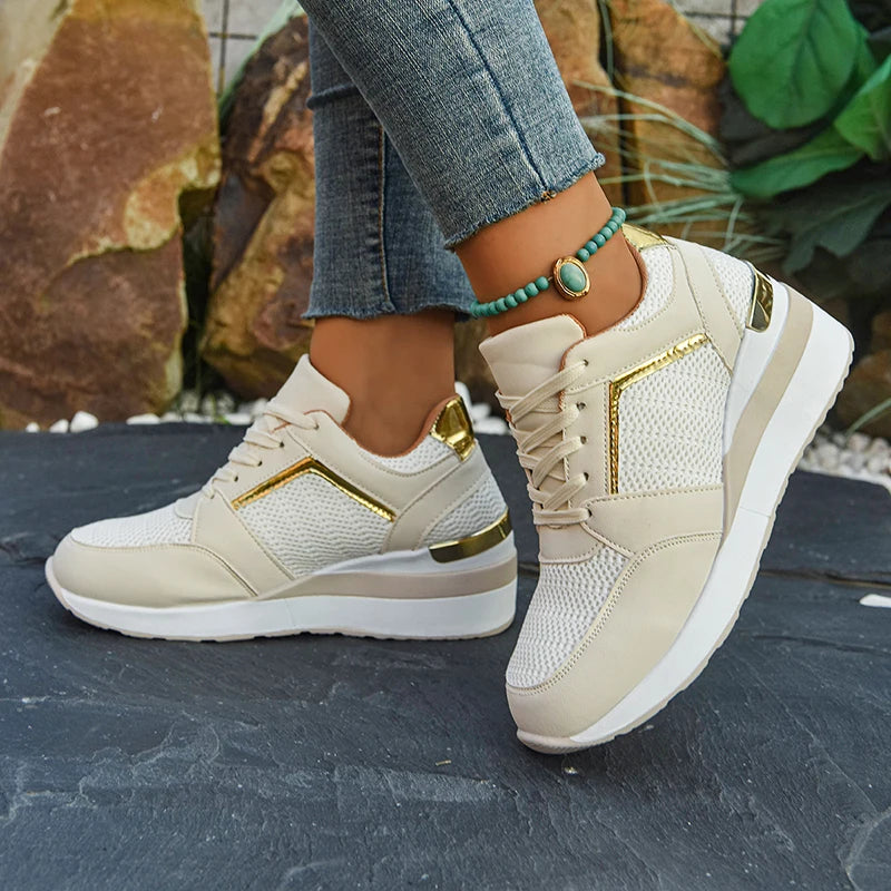2026 Spring Gold Silver Mesh Wedge Sneakers Women Lightweight Platform Heels Casual Shoes Woman Plus Size 36-43 Lace Up Sneakers