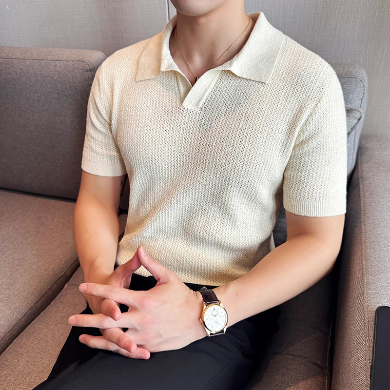 Hollow Knitted Short-Sleeved T-shirt, V-neck Brown Polo Shirt, High-End Quality, Cool, Luxury Genuine Goods，Slim Top