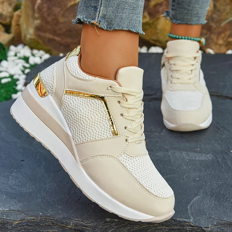 2026 Spring Gold Silver Mesh Wedge Sneakers Women Lightweight Platform Heels Casual Shoes Woman Plus Size 36-43 Lace Up Sneakers