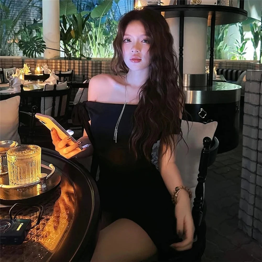 SylCue Mesh Patchwork Mini Dress Women Ruched Slash Neck Off Shoulder Backless Tassel Midnight Club Party Elegant Skinny Outfits