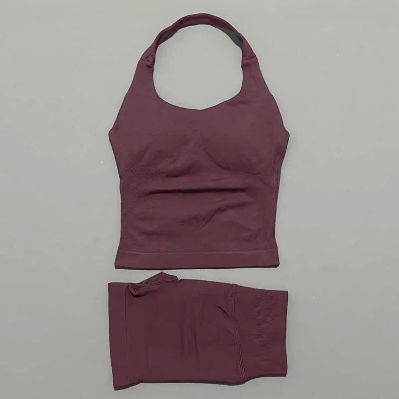 2 Pieces Sports Halter Top Strappy Bra Shorts Set Women Seamless Yoga Gym Leggings Set Running Fitness Sports Shorts Suit
