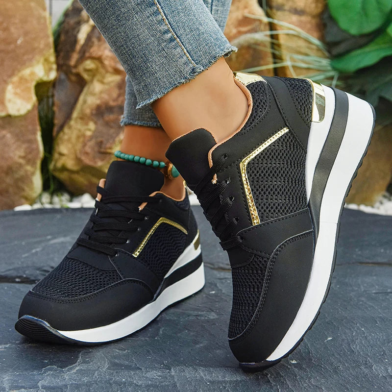2026 Spring Gold Silver Mesh Wedge Sneakers Women Lightweight Platform Heels Casual Shoes Woman Plus Size 36-43 Lace Up Sneakers