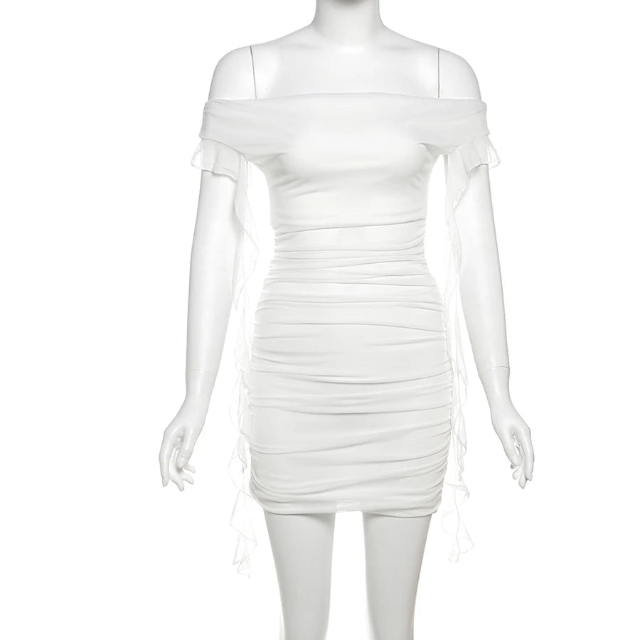 SylCue Mesh Patchwork Mini Dress Women Ruched Slash Neck Off Shoulder Backless Tassel Midnight Club Party Elegant Skinny Outfits