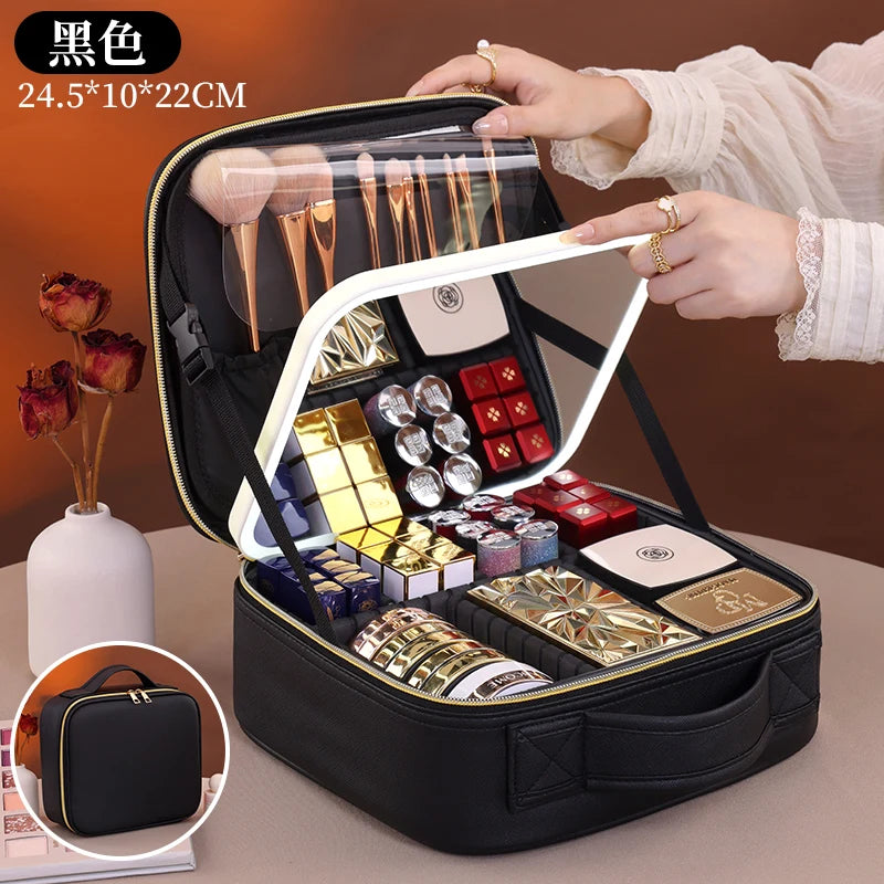 Travel Makeup Bag with USB LED Mirror Large Train Case Cosmetic Organizer Bags with 3 Color Lights and Adjustable Dividers