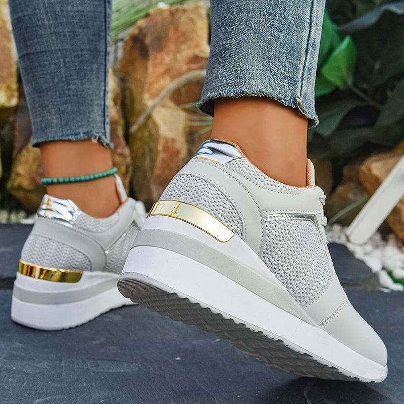 2026 Spring Gold Silver Mesh Wedge Sneakers Women Lightweight Platform Heels Casual Shoes Woman Plus Size 36-43 Lace Up Sneakers