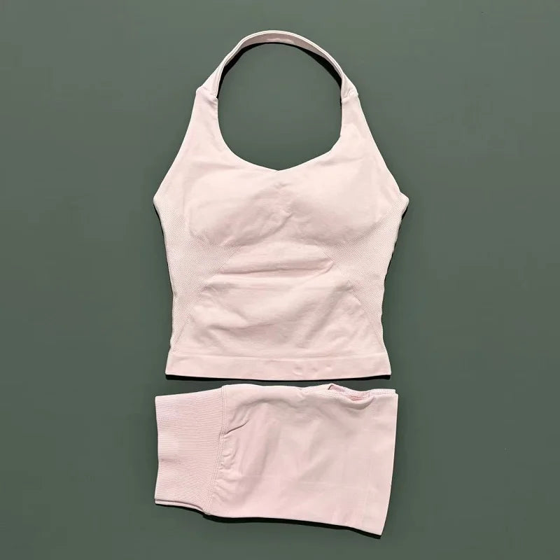 2 Pieces Sports Halter Top Strappy Bra Shorts Set Women Seamless Yoga Gym Leggings Set Running Fitness Sports Shorts Suit