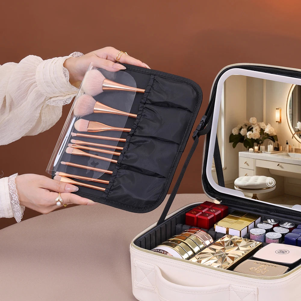 Travel Makeup Bag with USB LED Mirror Large Train Case Cosmetic Organizer Bags with 3 Color Lights and Adjustable Dividers