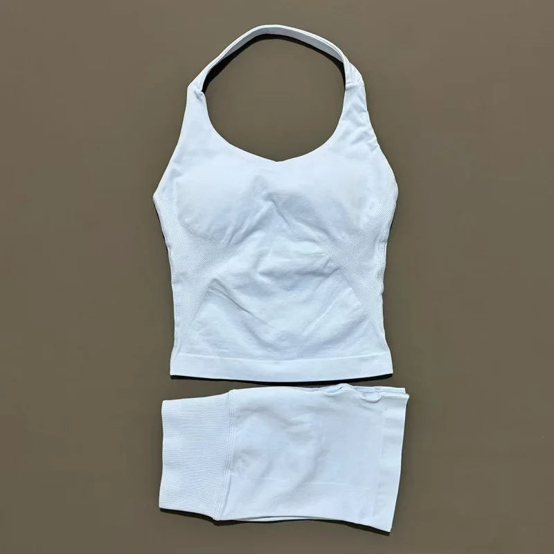 2 Pieces Sports Halter Top Strappy Bra Shorts Set Women Seamless Yoga Gym Leggings Set Running Fitness Sports Shorts Suit