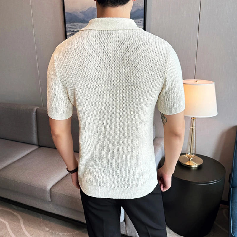 Hollow Knitted Short-Sleeved T-shirt, V-neck Brown Polo Shirt, High-End Quality, Cool, Luxury Genuine Goods，Slim Top
