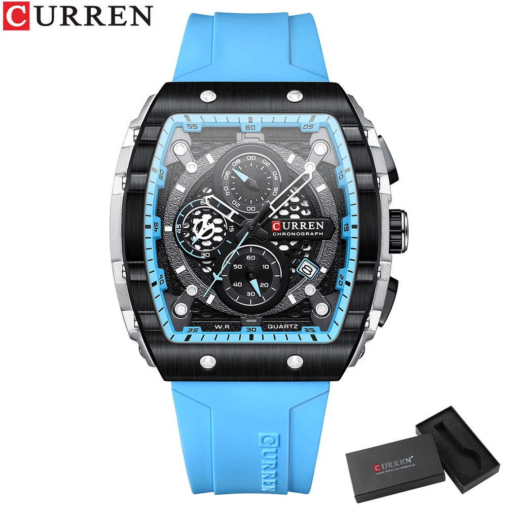 CURREN Tonneau Dial Sport Watch for Men Fashion Waterproof Quartz Wristwatch with Auto Date Yellow Silicone Strap Luminous