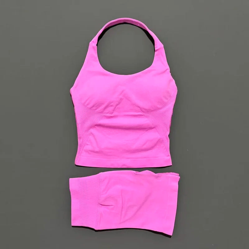 2 Pieces Sports Halter Top Strappy Bra Shorts Set Women Seamless Yoga Gym Leggings Set Running Fitness Sports Shorts Suit
