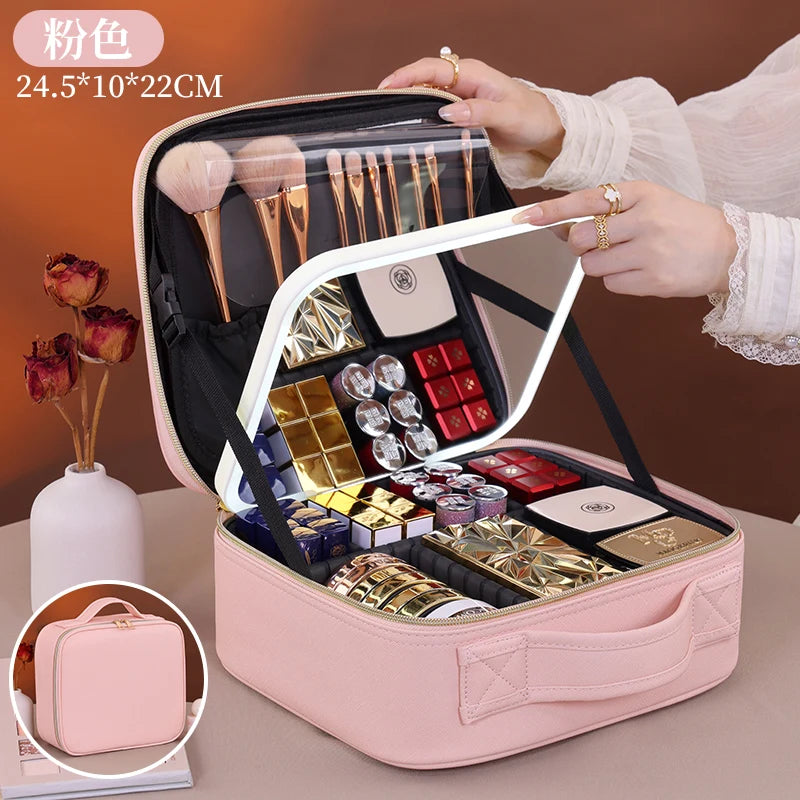 Travel Makeup Bag with USB LED Mirror Large Train Case Cosmetic Organizer Bags with 3 Color Lights and Adjustable Dividers