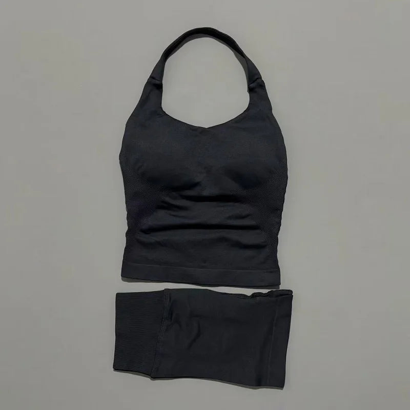 2 Pieces Sports Halter Top Strappy Bra Shorts Set Women Seamless Yoga Gym Leggings Set Running Fitness Sports Shorts Suit
